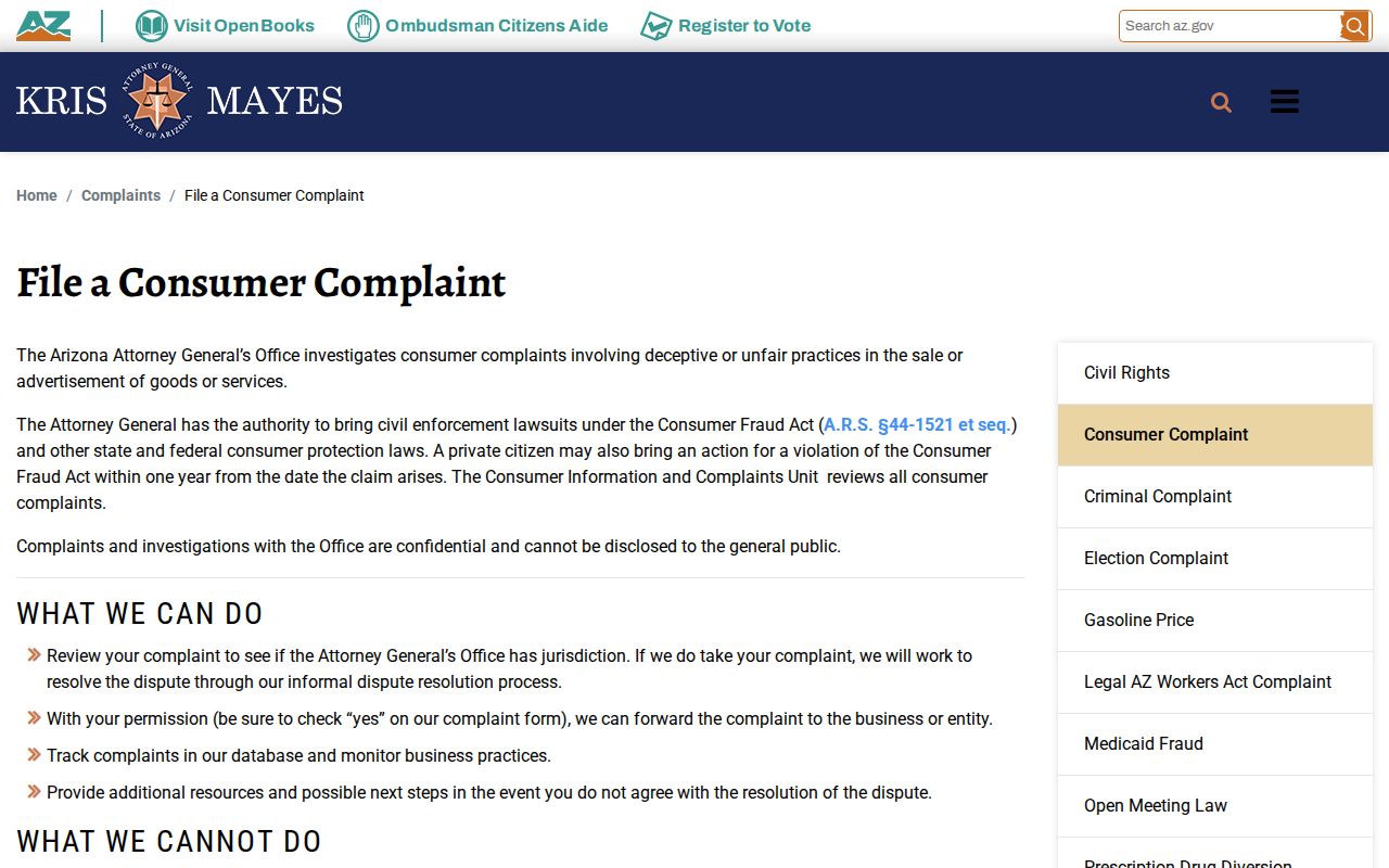 Gilbert neighbors consumer privacy complaint channel in Arizona